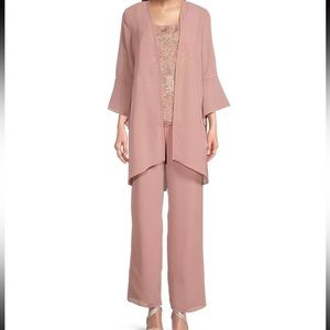 Le Bos 3 Piece 3/4 Bell Sleeve Embroidered Metallic Duster Pant Set size 16
